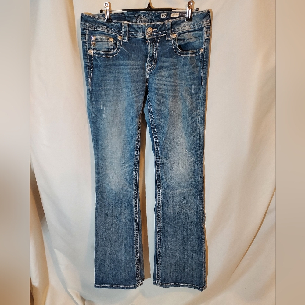 Miss Me Low Rise Edgy Boot Cut Jeans with Embellished Pockets - Picture 2 of 7